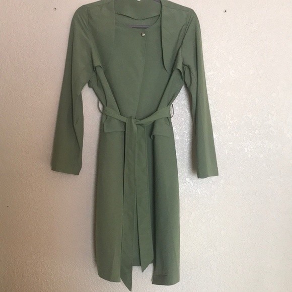 Army Green Long Sleeve Pockets Trench Coat - Picture 5 of 12